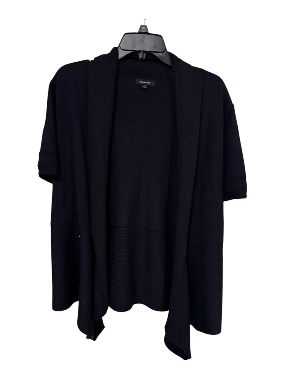 Verve Ami L Navy Open Front Short Sleeve Cardigan Rayon Blend Crochet Trim